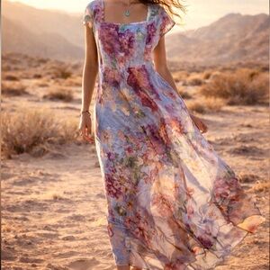 Johnny Was Collection Silk Floral Maxi Dress Gown Boho Resort Cottagecore Large